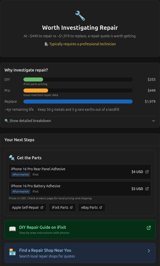 Sundr repair analysis showing cost comparison and next steps
