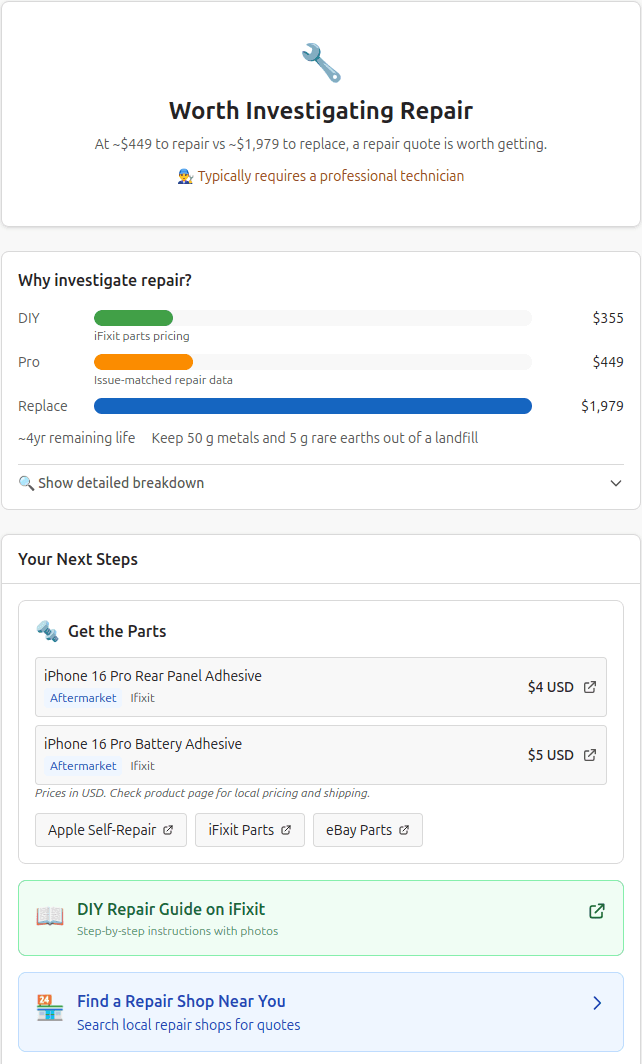 Sundr repair analysis showing cost comparison and next steps