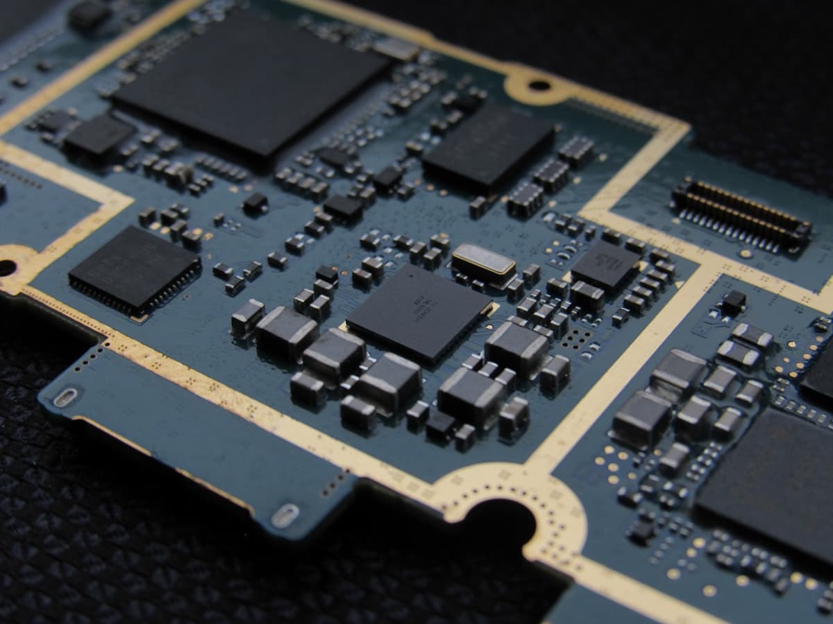 Close-up of a circuit board showing chips, capacitors, and soldered components