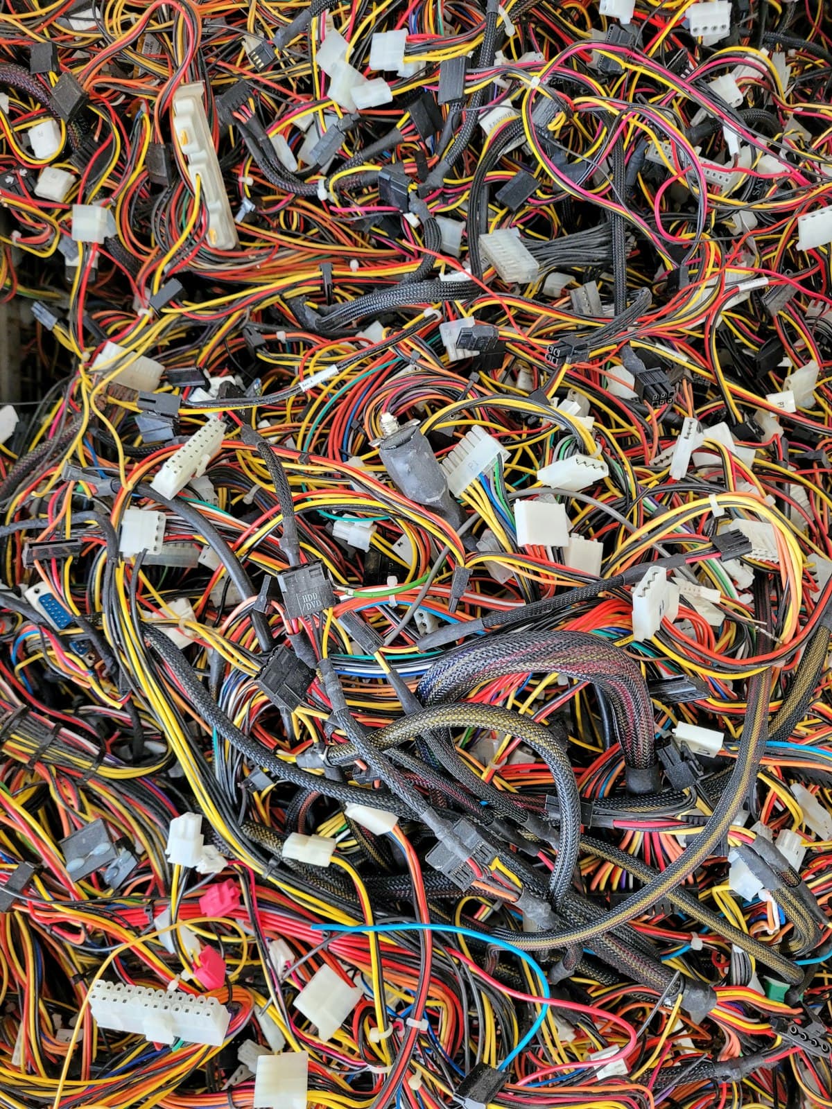 Tangled pile of discarded electronic cables and connectors